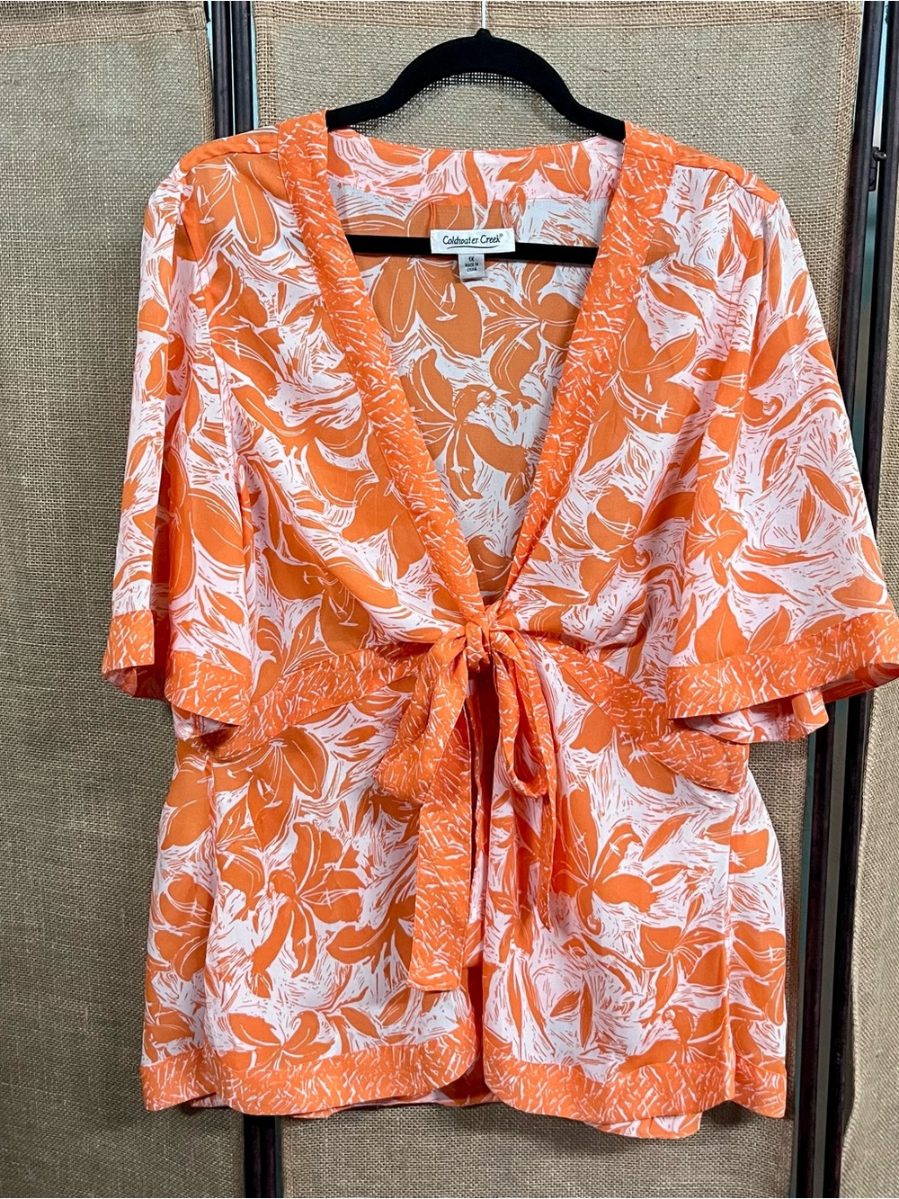 Coldwater Creek Orange & White Floral Tie-Front Tropical Kimono